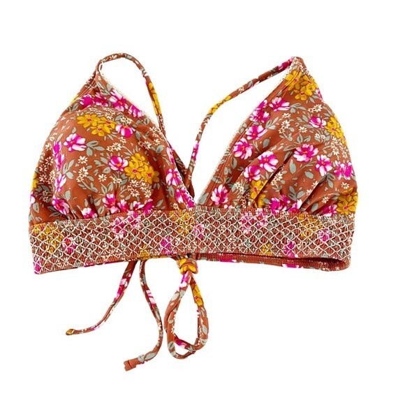 Rust Orange Floral Stitching Embroidered Band Halter Bikini Top S - Picture 1 of 6
